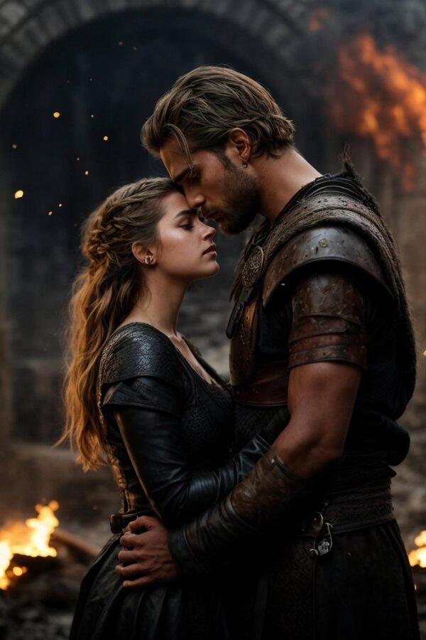 couple, medieval, portrait, cinematic, ancient, fantasy, mythical, vikings, warrior, man, woman, intimate, serene, realistic, romantic, passionate, lovers, lovers, lovers, lovers, lovers, lovers