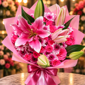 Midnight Passion Flower Bouquet – Pink Lilies & Roses
