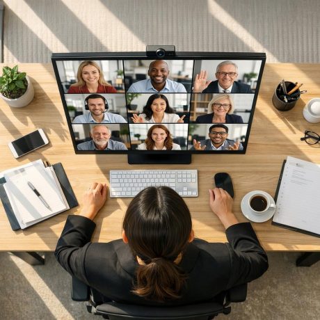 video conference, home office, desk, computer monitor, video call, employee, office work, laptop, coffee cup, potted plant, telephone, internet connection, technology, communication, business, remote work, office equipment, workspace, office environment, meeting, online service